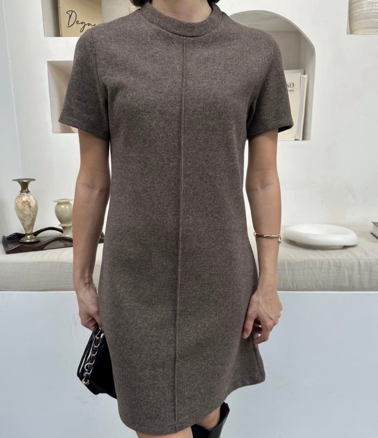 Kısa Kollu Kahverengi Midi Boy Triko Elbise - Görsel 2