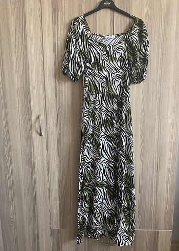 Yeşil Gri Zebra Desenli Uzun Salaş Elbise