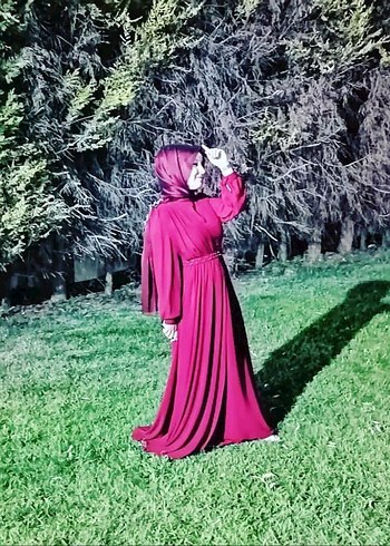 Bordo Uzun Kollu Drapeli Abiye Elbise şalı yanında hediye