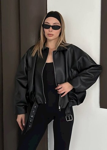 Kadın Siyah Deri Bomber ceket - Görsel 2