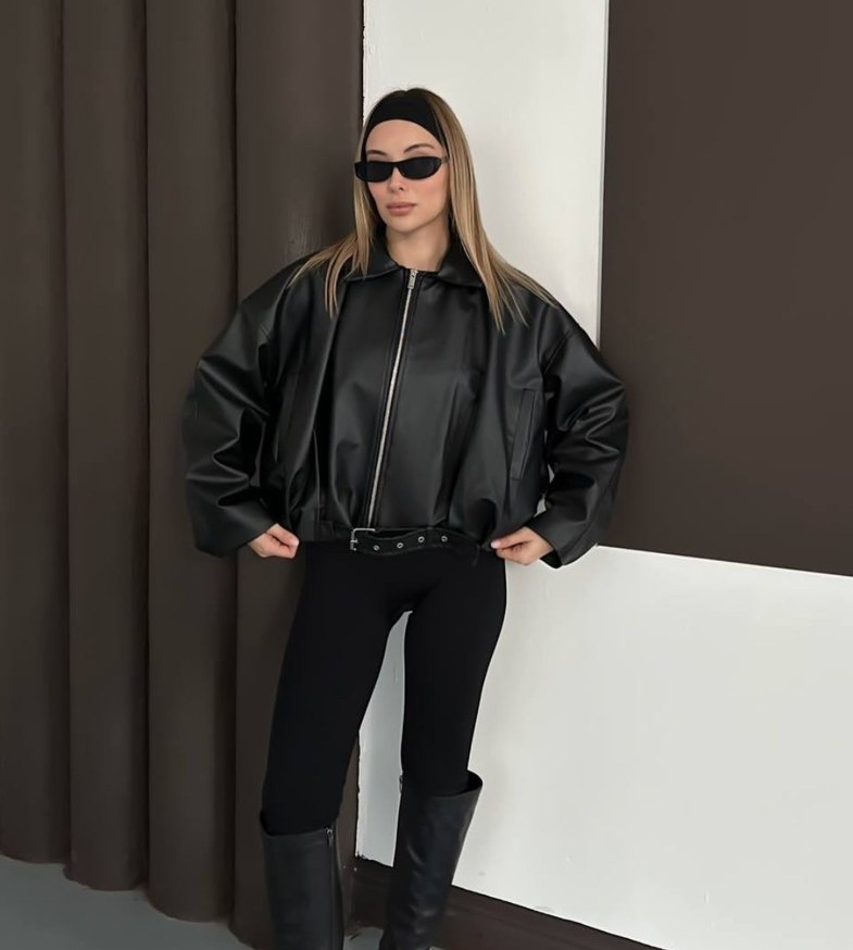 Kadın Siyah Deri Bomber ceket - Görsel 3