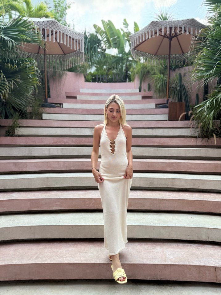 Bej örme toka detaylı plaj ve günlük elbise - Görsel 2