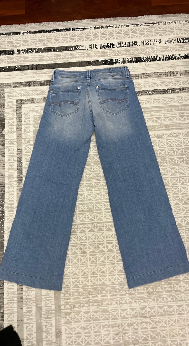 Kadın Mavi Geniş Paça Midi Kot Pantolon - Görsel 2