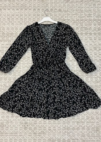 Uzun Kollu Siyah Bağlama Desenli Bohem Elbise