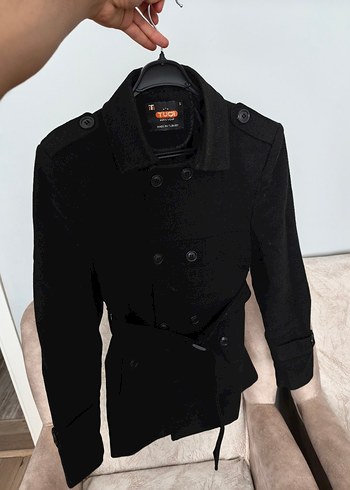 Kuşaklı Siyah Midi erkek Kaban - Görsel 7