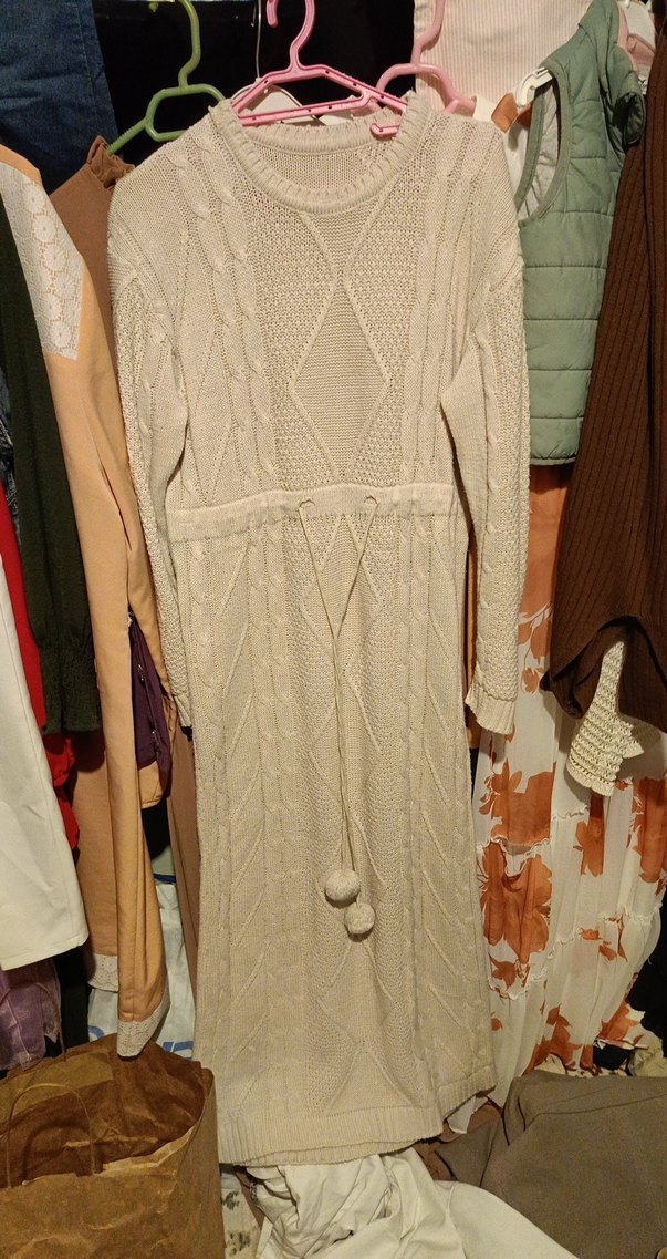 Bej Bohem Uzun Triko Elbise - Görsel 2