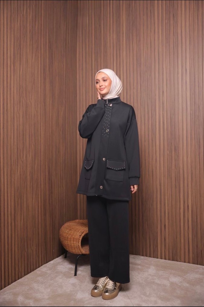 Düğmeli Siyah Kadın ikili takım - Görsel 2