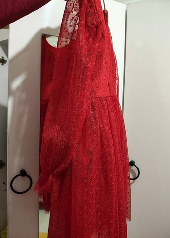 Kız Çocuk Kırmızı Dantel Uzun Kollu Elbise - Görsel 2