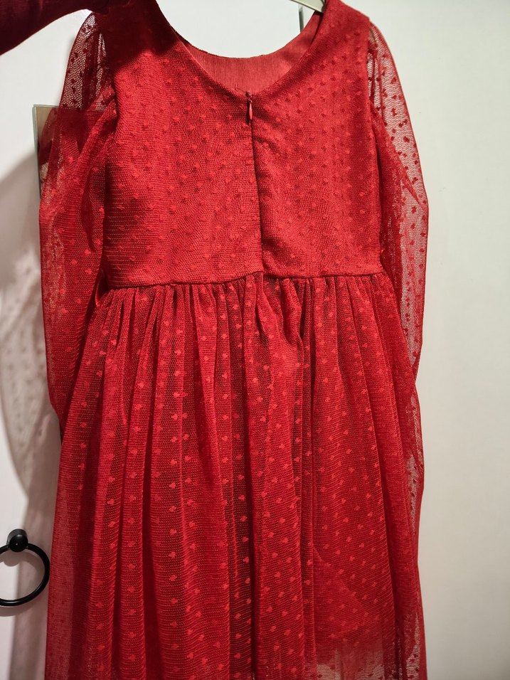 Kız Çocuk Kırmızı Dantel Uzun Kollu Elbise - Görsel 3