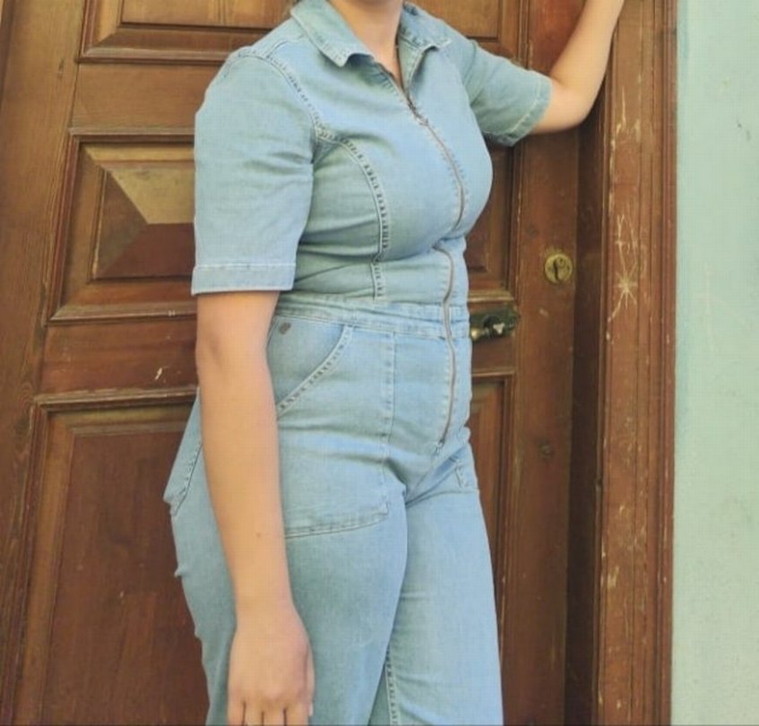 V Yaka Kısa Kollu Denim Tulum - Görsel 2