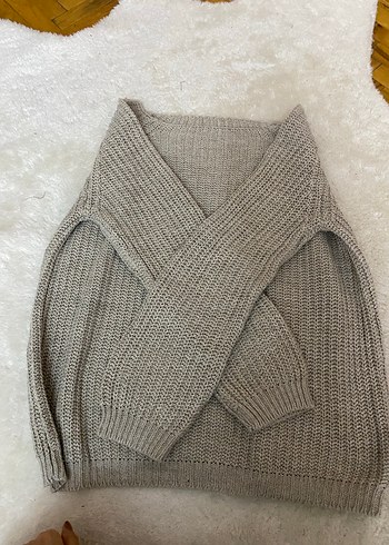 Gri Kadın Triko Boğazlı Salaş Kazak - Görsel 2