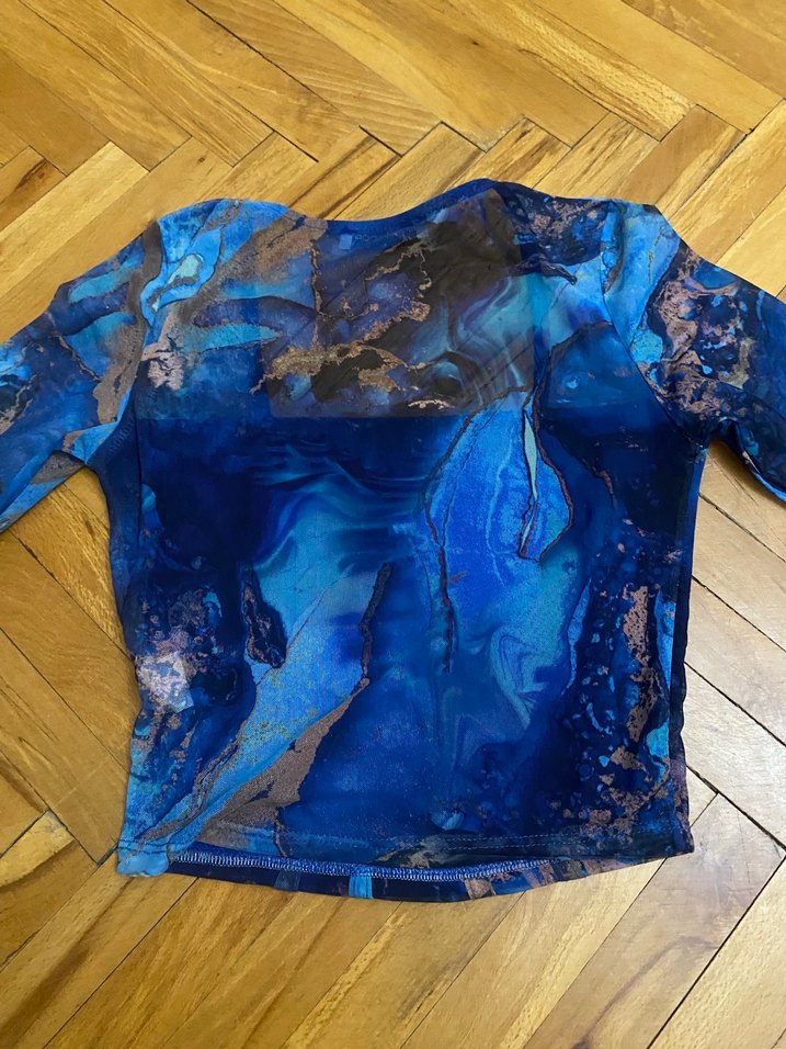 Mavi Bağlama Desenli Uzun Kollu Kadın Bluz - Görsel 3