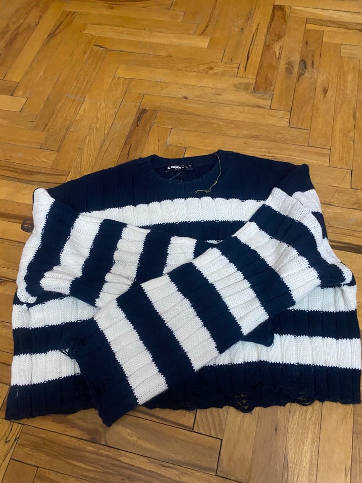 Beyaz Siyah Çizgili Örgü Kadın Kazak - Görsel 2