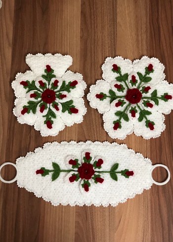 Beyaz Kırmızı Gül Motifli  lif seti - Görsel 4