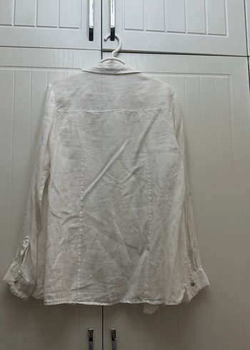 Düğmeli Beyaz Keten Kadın Gömlek - Görsel 2