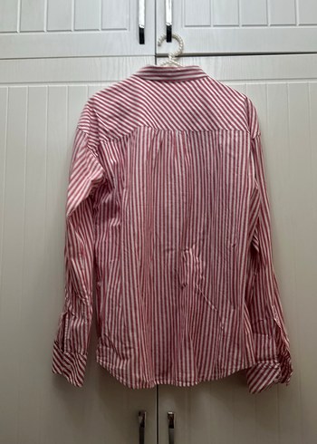 uzun kollu pembe çizgili kadın gömlek - Görsel 2