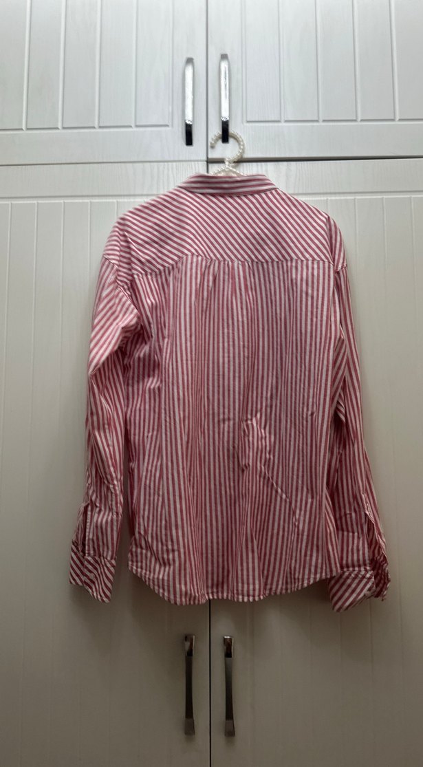 uzun kollu pembe çizgili kadın gömlek - Görsel 2