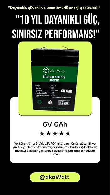 6 Volt 6Ah Lityum Lifepo4 Akü