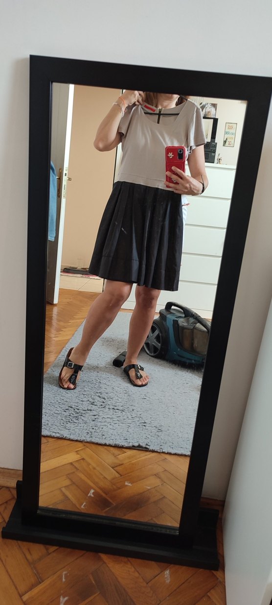 Bej ve kahve Midi Elbise, Kısa Kollu, Salaş Kesim - Görsel 3