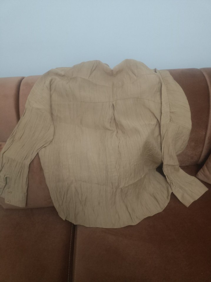 Bej Keten Kadın Gömlek, Düğmeli, Salaş Kesim - Görsel 2