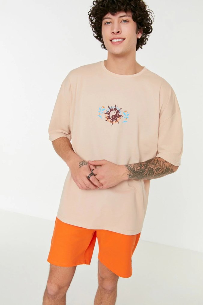 Bej Baskılı Kısa Kollu Erkek Tişört - Görsel 4