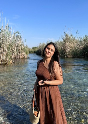 V Yaka Kahverengi Midi Bohem Elbise