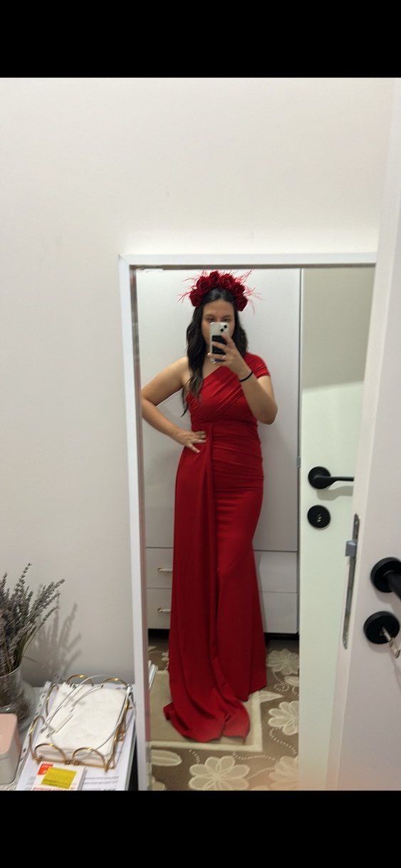 Kırmızı Drapeli Straplez Uzun Abiye - Görsel 2