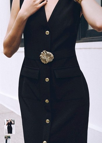 Düğmeli Siyah Uzun Kalem Elbise - Görsel 2