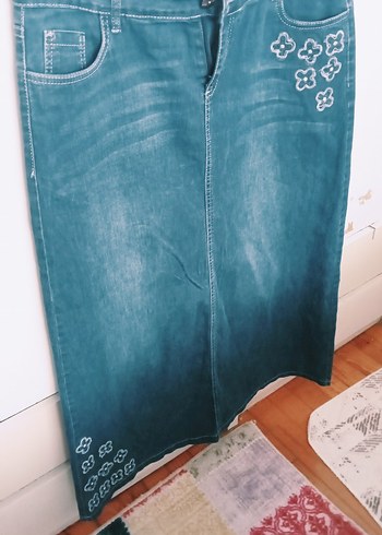 Nakışlı Turkuaz Midi Denim Etek
