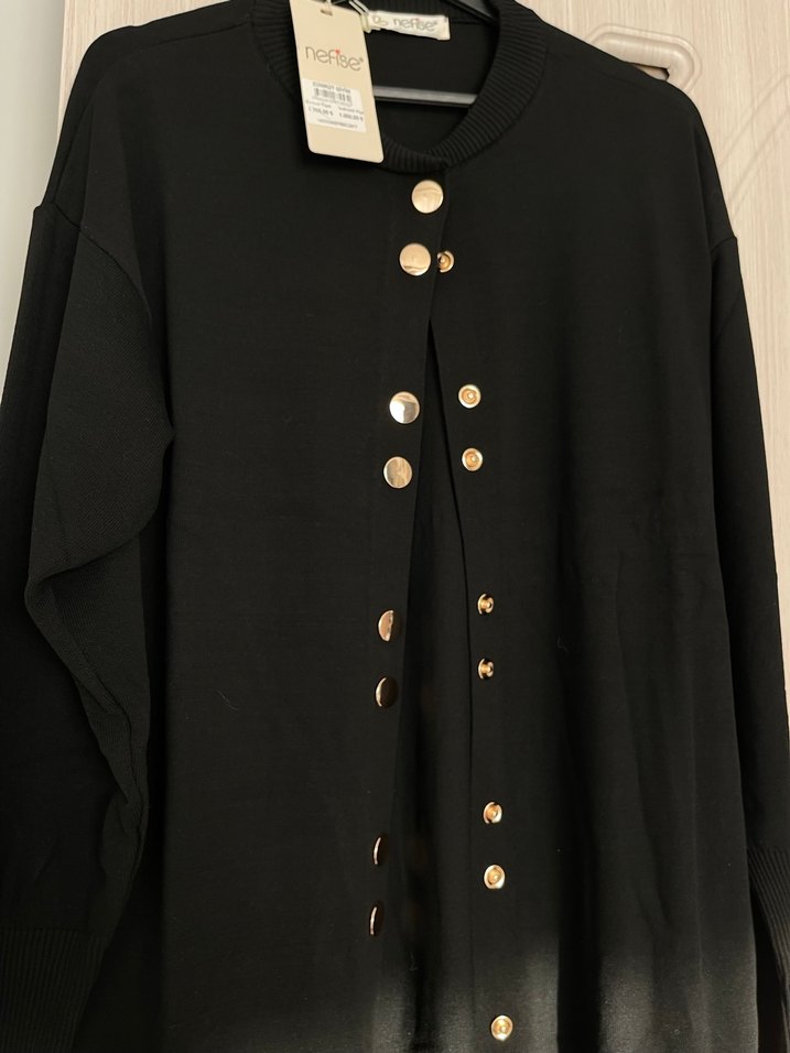 Düğmeli Siyah Uzun Kadın hırka - Görsel 2