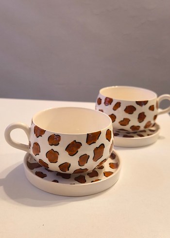 H&M Home Pastel Kahverengi Leopar Desenli Fincan ve Tabağı