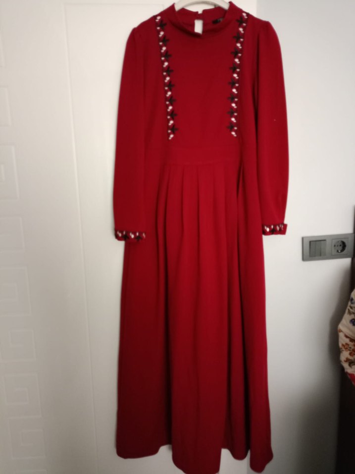 Bordo Nakışlı Uzun Kollu  Elbise - Görsel 2