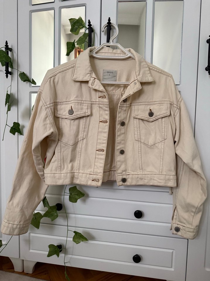 Bej Püsküllü Bohem Kadın Denim Ceket - Görsel 2