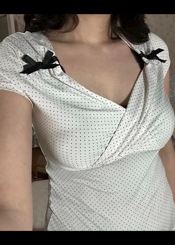 Polka Dot Coqutte Kurdeleli Bluz - Görsel 2