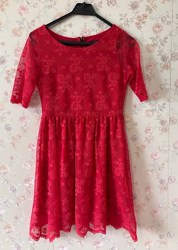 Kırmızı Midi Dantel Bohem Elbise - Görsel 2