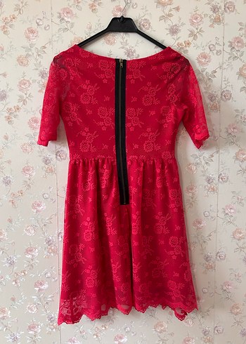 Kırmızı Midi Dantel Bohem Elbise - Görsel 3