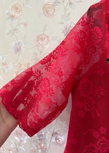 Kırmızı Midi Dantel Bohem Elbise - Görsel 5