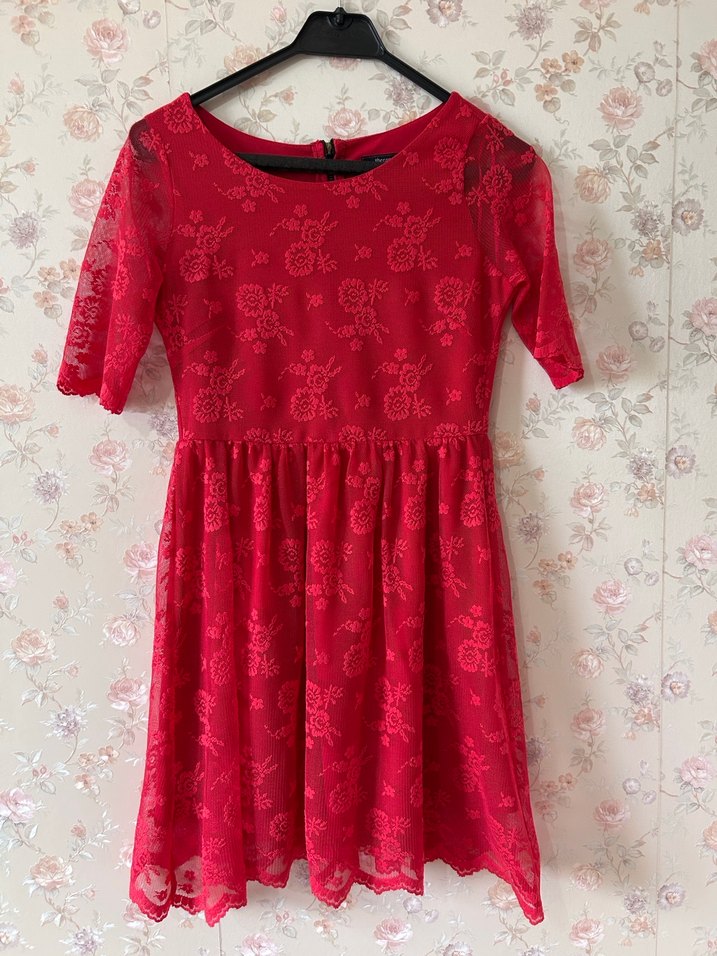 Kırmızı Midi Dantel Bohem Elbise - Görsel 2