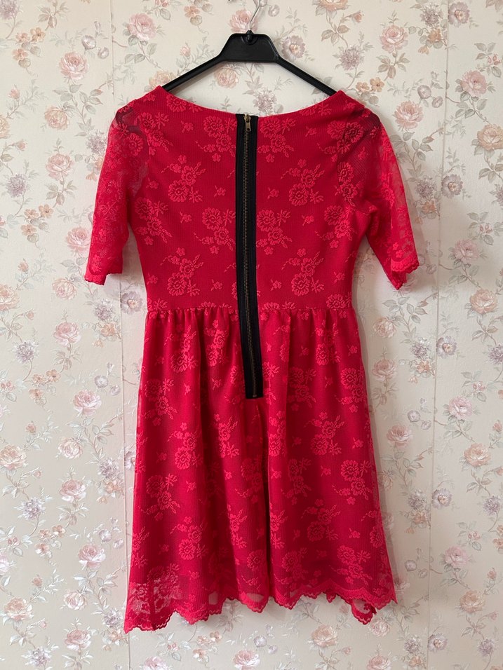 Kırmızı Midi Dantel Bohem Elbise - Görsel 3