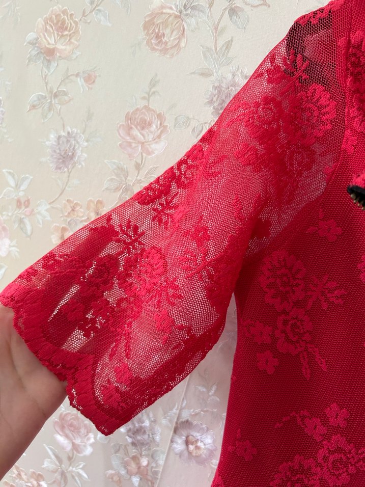 Kırmızı Midi Dantel Bohem Elbise - Görsel 5