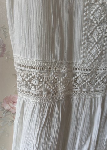 Dantel Detaylı Beyaz Bohem Midi Elbise - Görsel 5