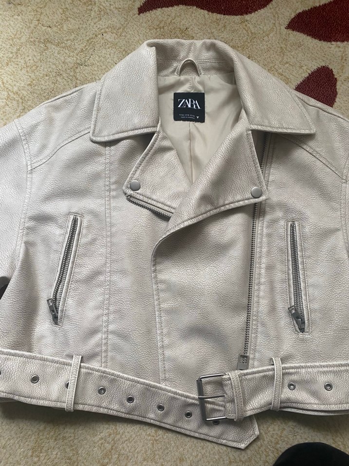 Bej Deri Midi Ceket, Bol Kesim - Görsel 2