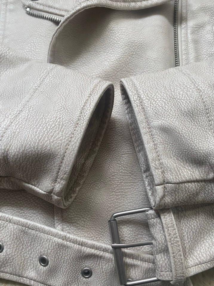 Bej Deri Midi Ceket, Bol Kesim - Görsel 3