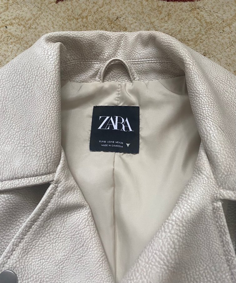 Bej Deri Midi Ceket, Bol Kesim - Görsel 4