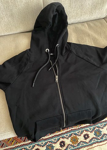 Siyah Kapüşonlu Fermuarlı Kadın Sweatshirt