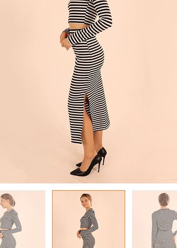 Çizgili Siyah Kadın Kalem yırtmaçlı takım - Görsel 4