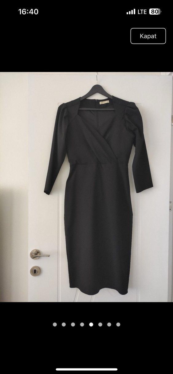 V Yakalı Drapeli Siyah Midi kalem Elbise - Görsel 4