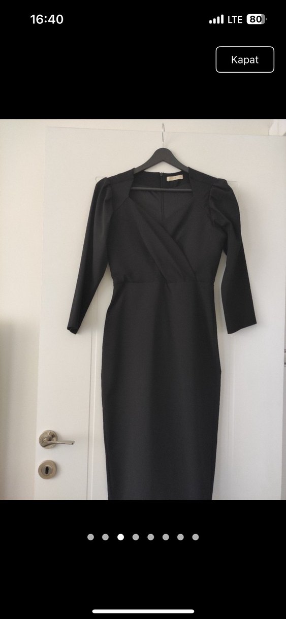 V Yakalı Drapeli Siyah Midi kalem Elbise - Görsel 2