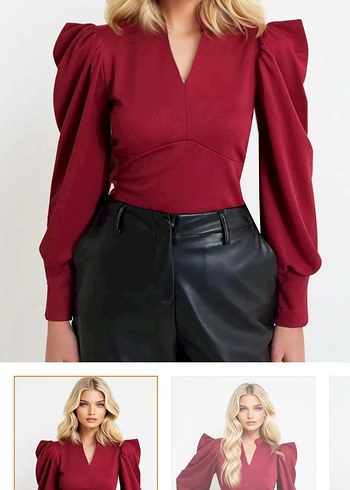 Zara Bordo hakim yaka prenses kol dokuma crop bluz