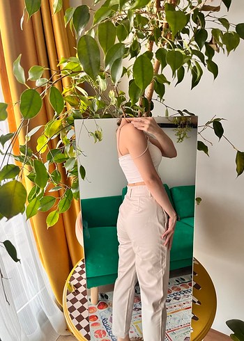 Bej Midi Deri Rahat Kesim Kadın Pantolon - Görsel 3